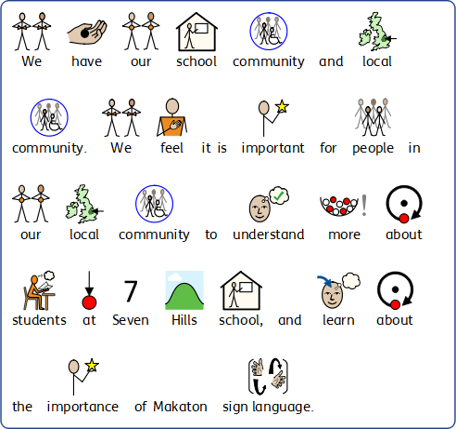 Makaton image saying "we have our school community and local community. We feeling it is important for people in our local community to understand more about students at Seven Hills school, and learn about the importance of Makaton sign language